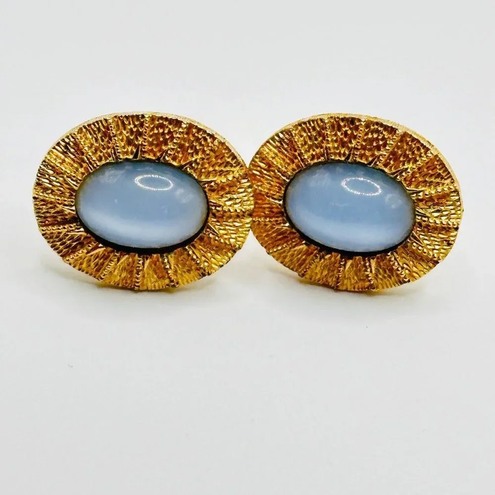 Ornate Goldtone Light Blue Moonglow Glass‎ Cufflinks